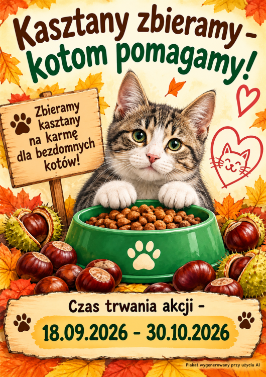 Plakat akcji: Kasztany zbieramy – kotom pomagamy!