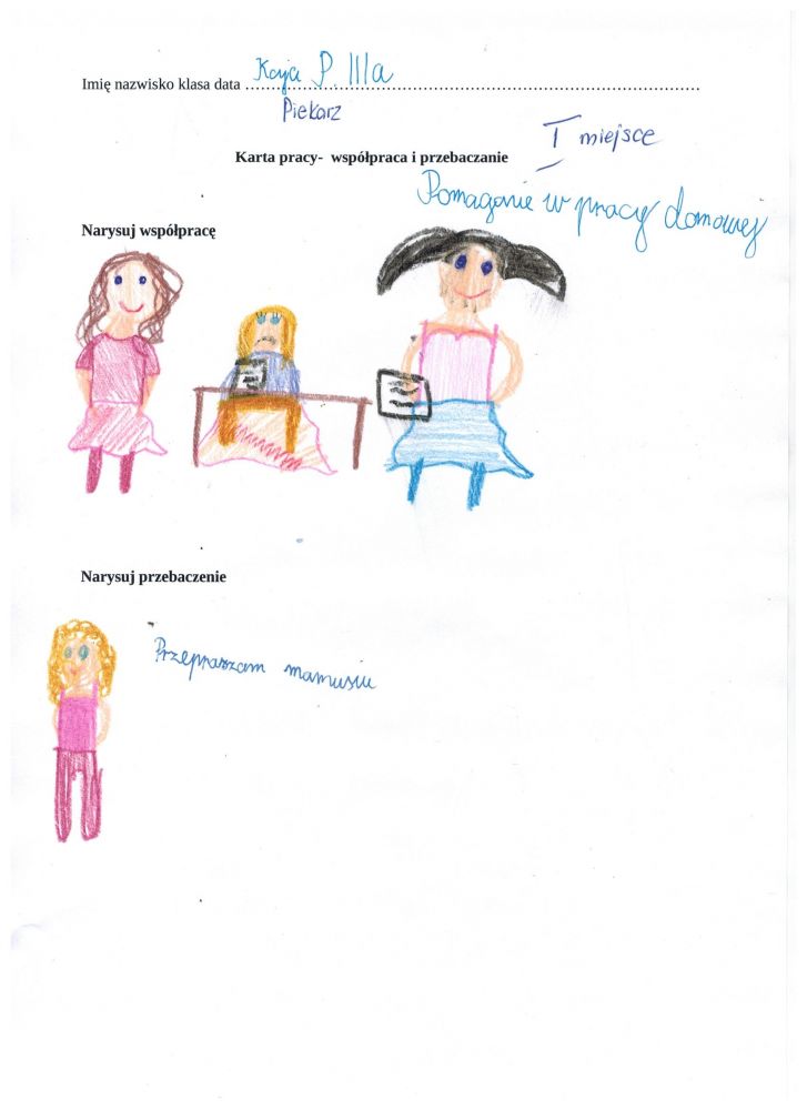 Konkurs rysunkowy w klasie 3 a pod tytułem "Współpraca i przebaczenie"